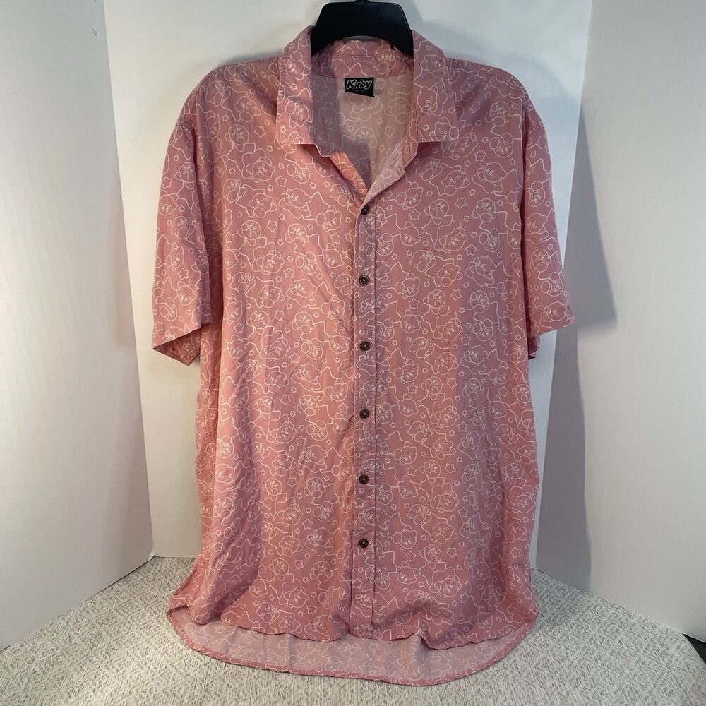 Kirby Mens XXL Short Sleeve Button Up Pink White Shirt All Over Print Nintendo